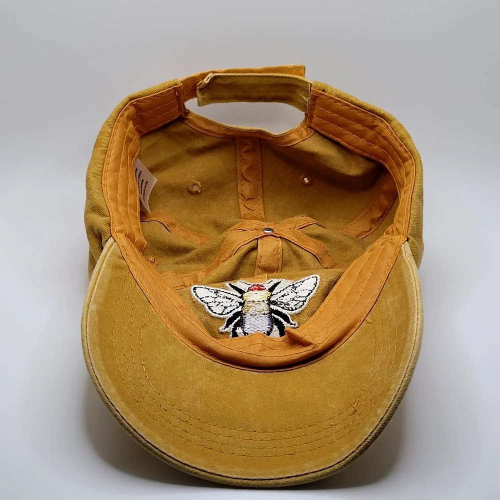 Bee Embroidered Cotton Baseball Cap Mustard Yellow Adjustable Hat